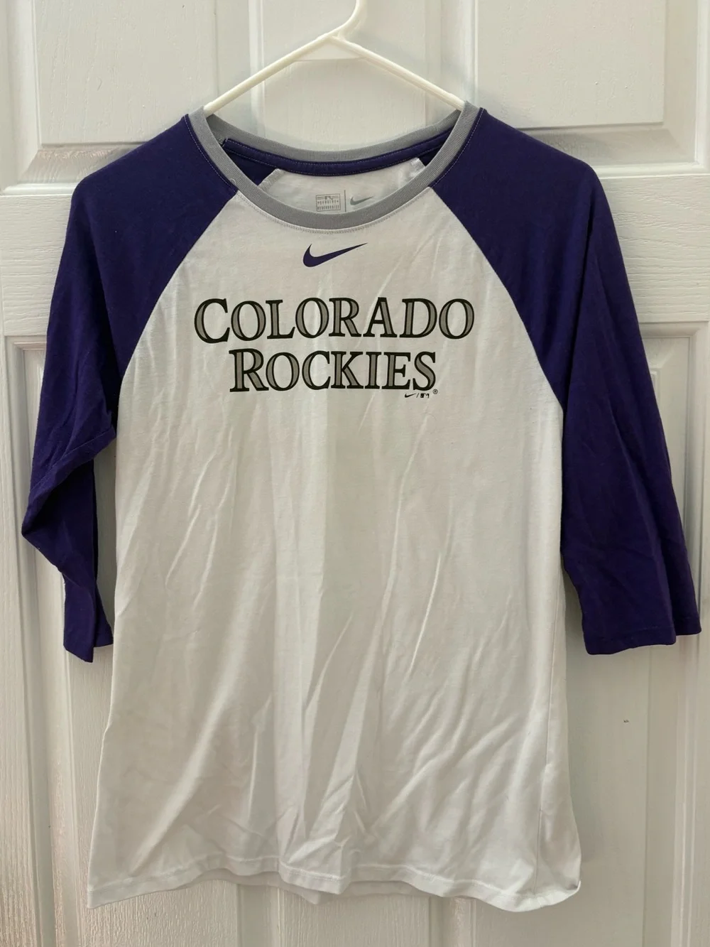Nike Colorado Rockies White & Purple Raglan Ladies Tee